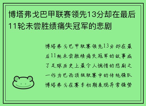 博塔弗戈巴甲联赛领先13分却在最后11轮未尝胜绩痛失冠军的悲剧 博塔弗戈巴甲联赛领先13分却在最后11轮未尝胜绩痛失冠军的悲剧