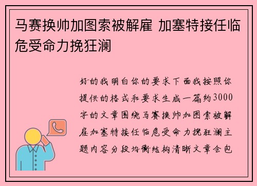 马赛换帅加图索被解雇 加塞特接任临危受命力挽狂澜 马赛换帅加图索被解雇 加塞特接任临危受命力挽狂澜