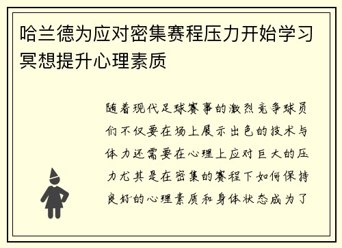 哈兰德为应对密集赛程压力开始学习冥想提升心理素质